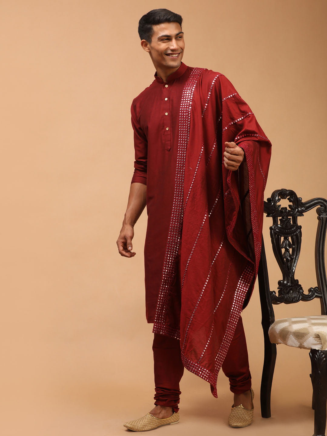 Men's Maroon Viscose Kurta, Pyjama & Dupatta Set