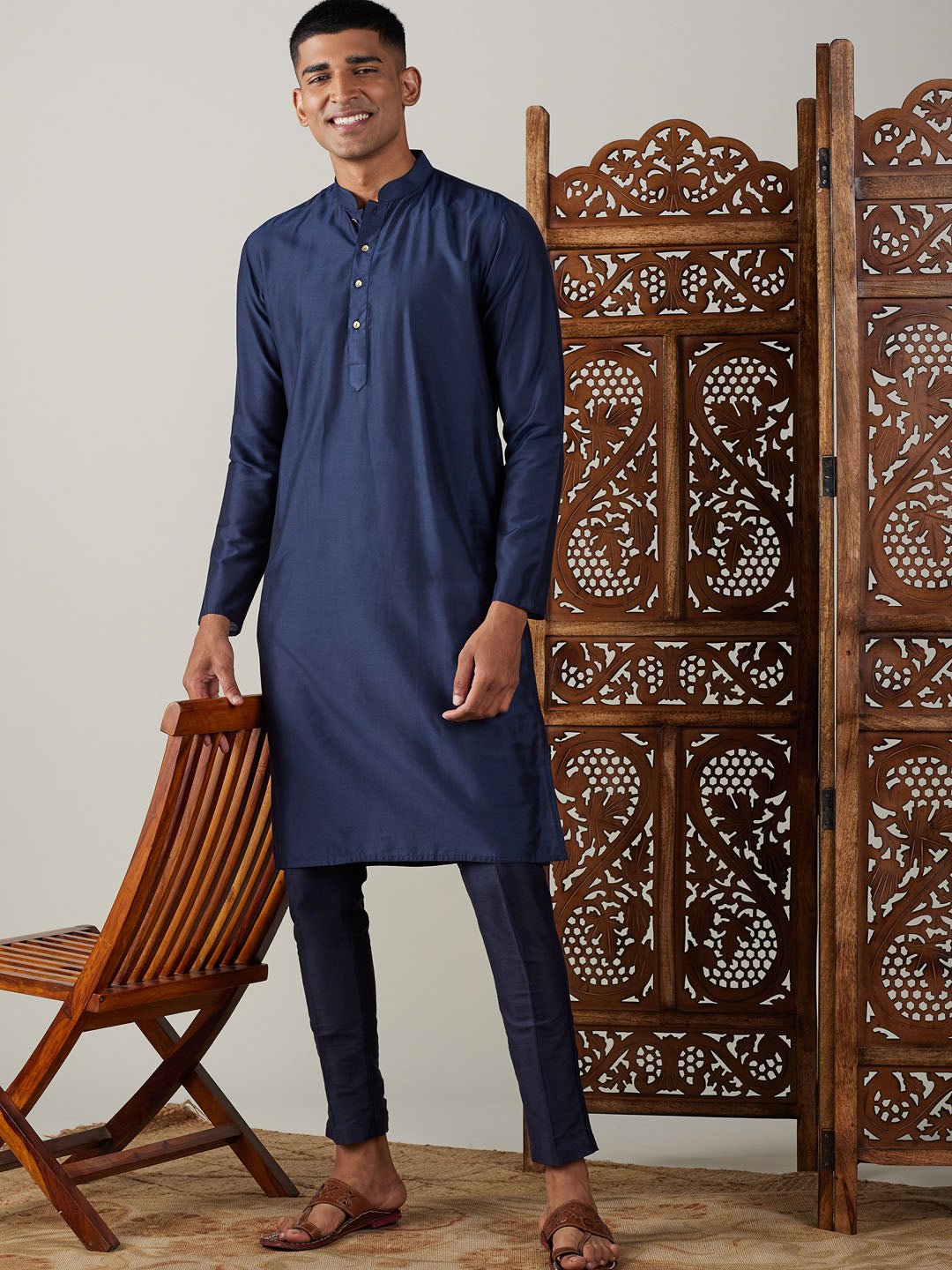 Men's Navy Blue Viscose Kurta Pyjama Set