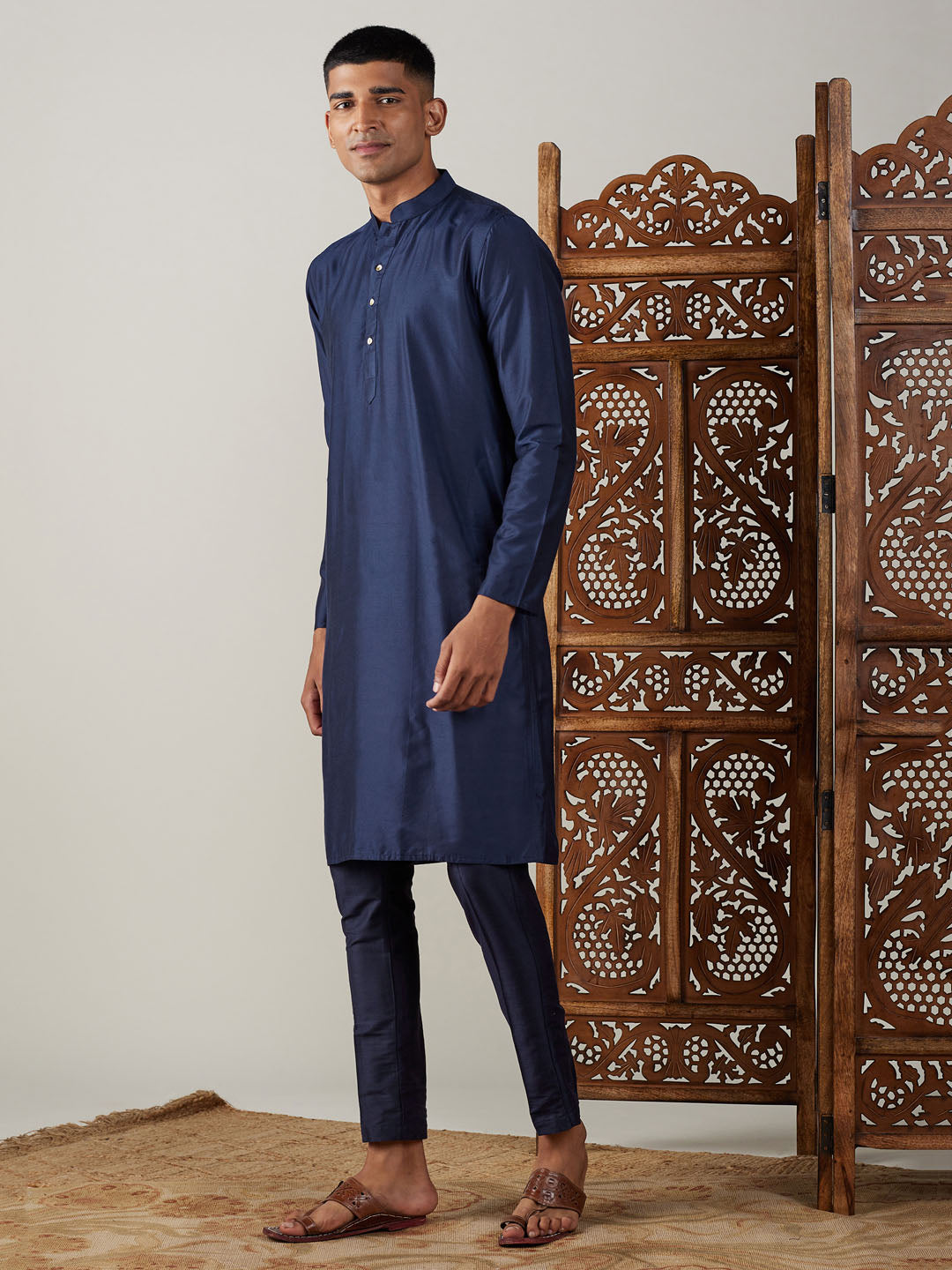 Men's Navy Blue Viscose Kurta Pyjama Set