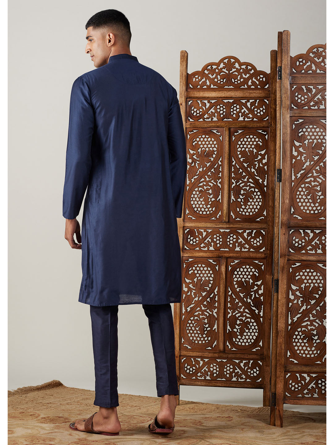 Men's Navy Blue Viscose Kurta Pyjama Set