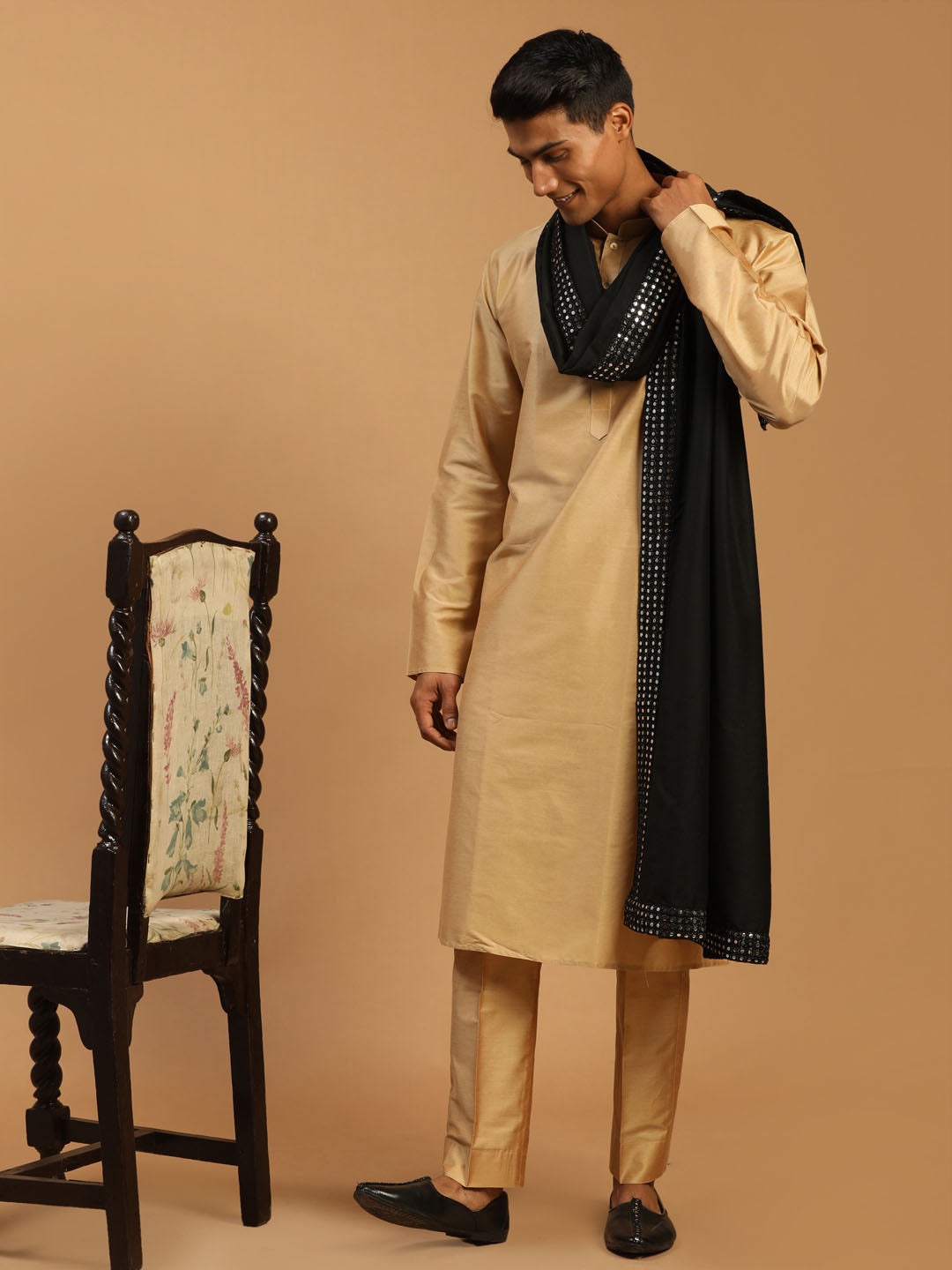 Men's Rose Gold And Black Viscose Kurta, Pyjama & Dupatta Set