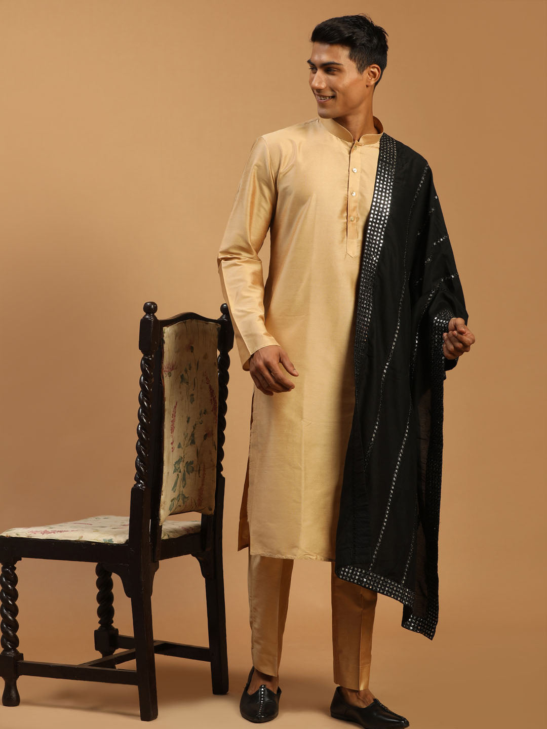 Men's Rose Gold And Black Viscose Kurta, Pyjama & Dupatta Set