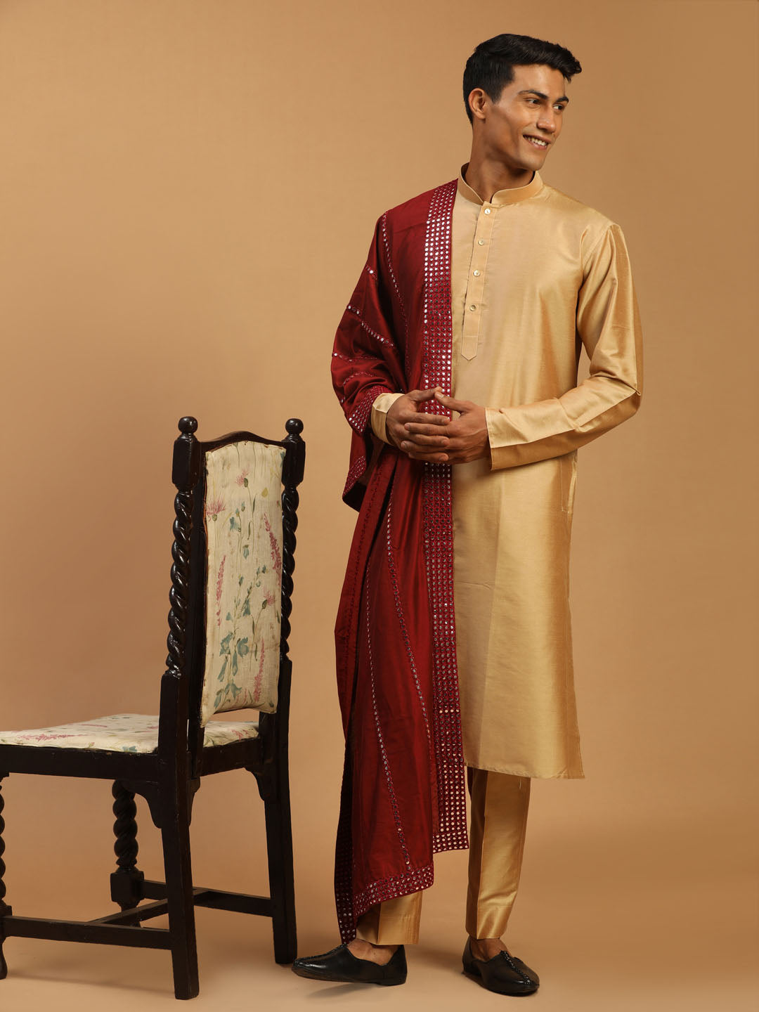 Men's Rose Gold And Maroon Viscose Kurta, Pyjama & Dupatta Set