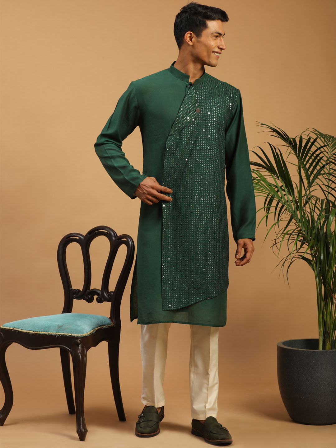 Men's Green And Cream Cotton Blend Kurta & Pyjama