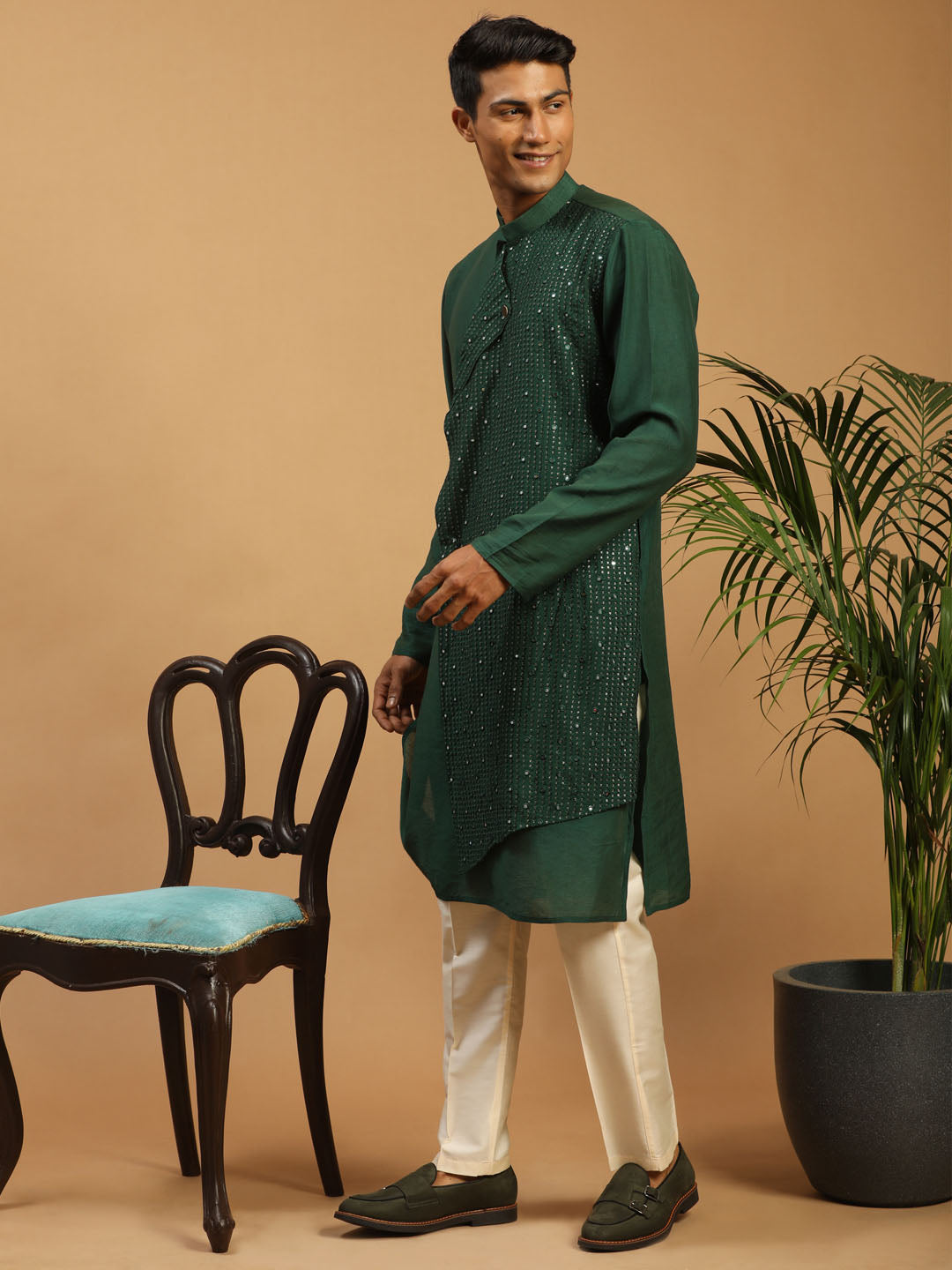 Men's Green And Cream Cotton Blend Kurta & Pyjama