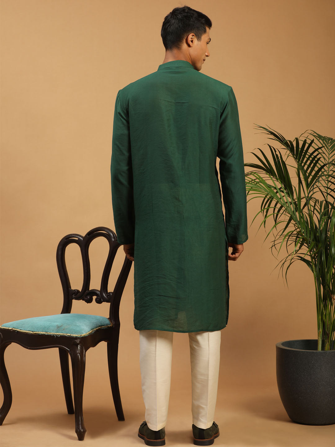 Men's Green And Cream Cotton Blend Kurta & Pyjama