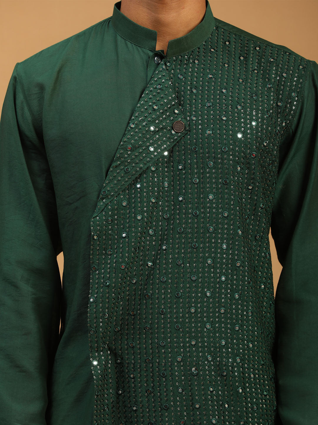 Men's Green And Cream Cotton Blend Kurta & Pyjama