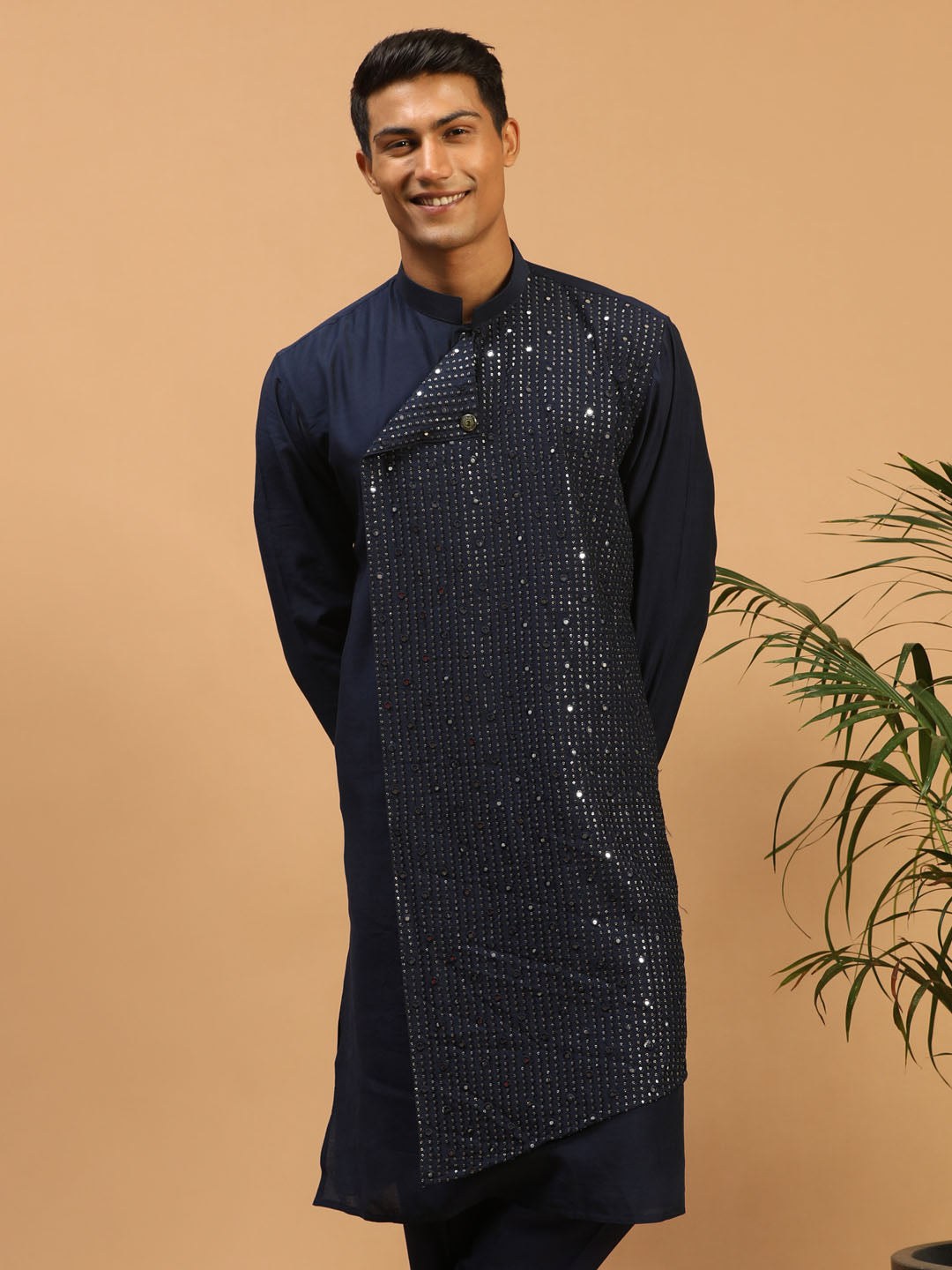 Men's Navy Blue Cotton Blend Kurta