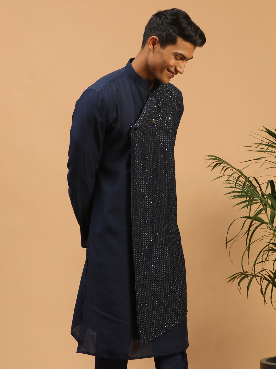 Men's Navy Blue Cotton Blend Kurta