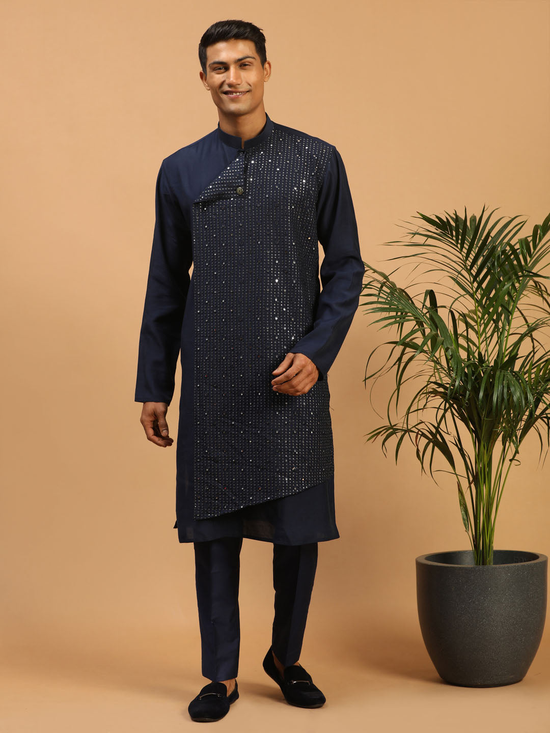 Men's Navy Blue Cotton Blend Kurta