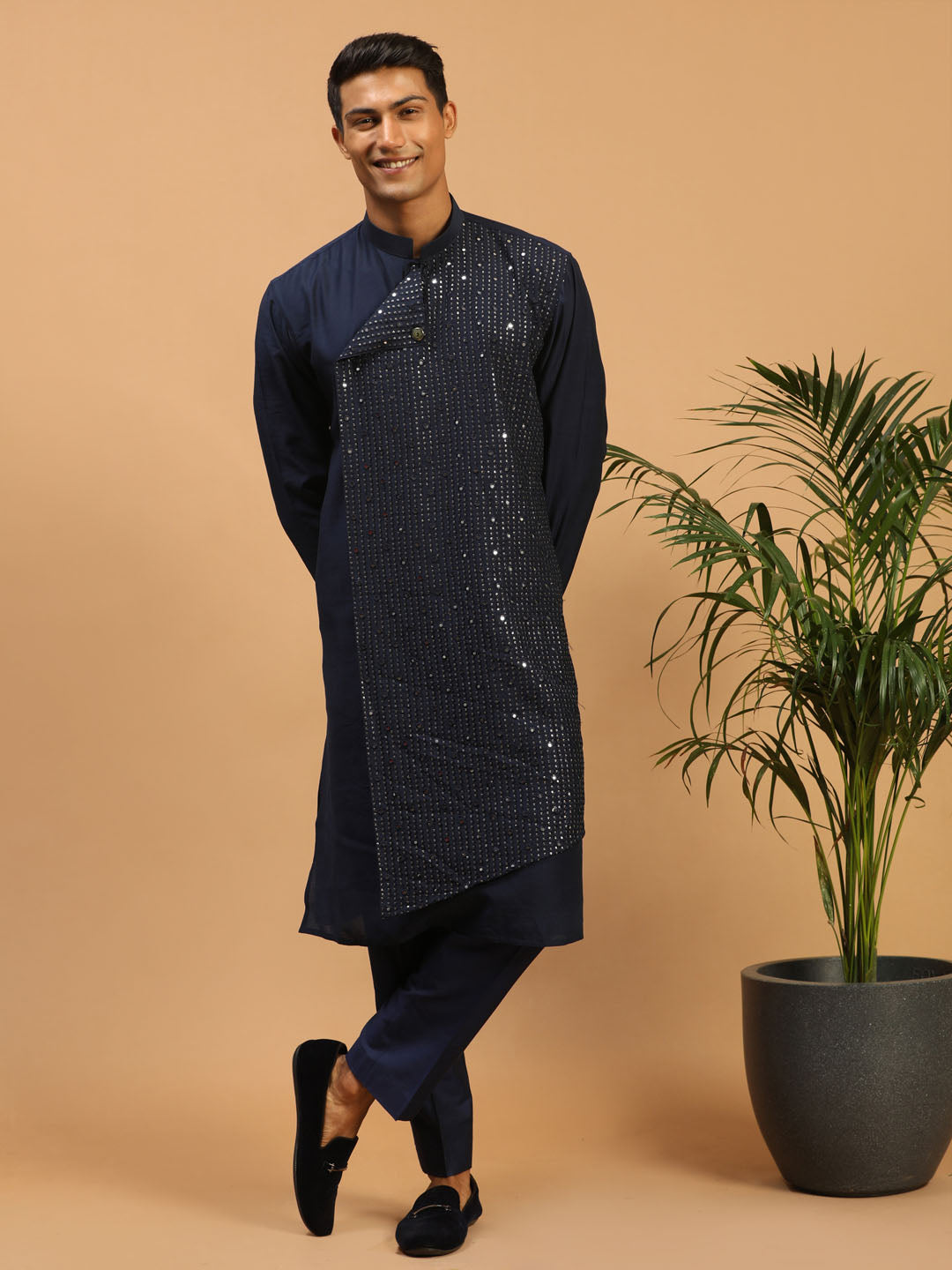 Men's Navy Blue Cotton Blend Kurta & Pyjama