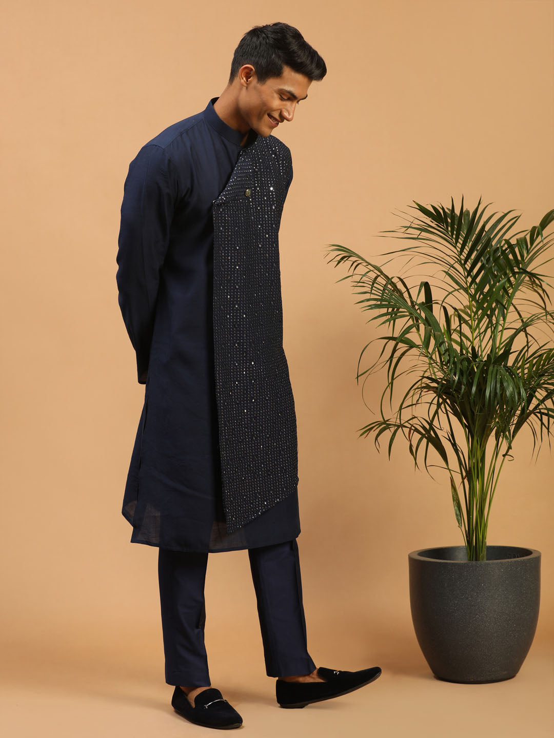 Men's Navy Blue Cotton Blend Kurta & Pyjama