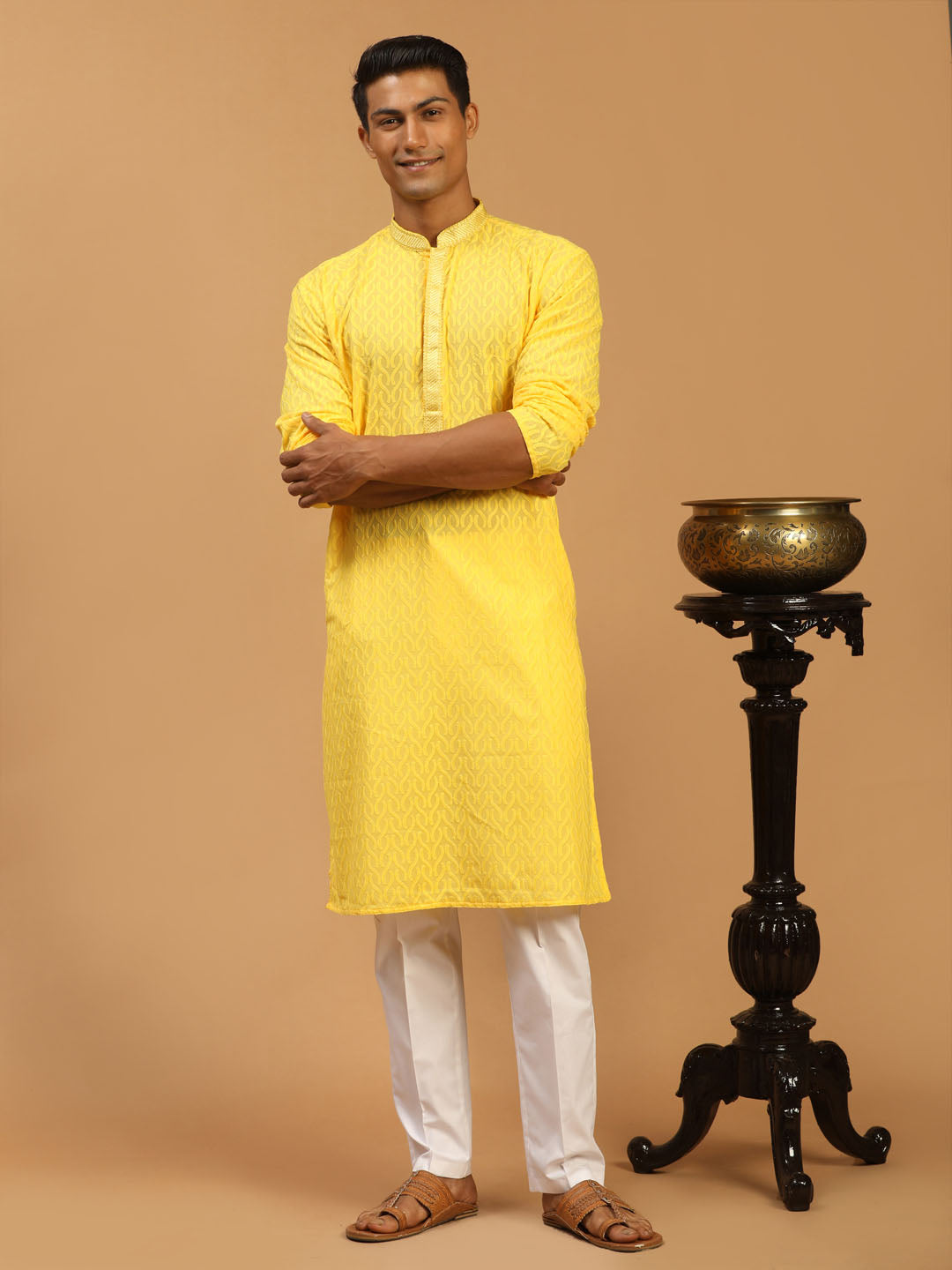 Men's Yellow Cotton Kurta & Pyjama