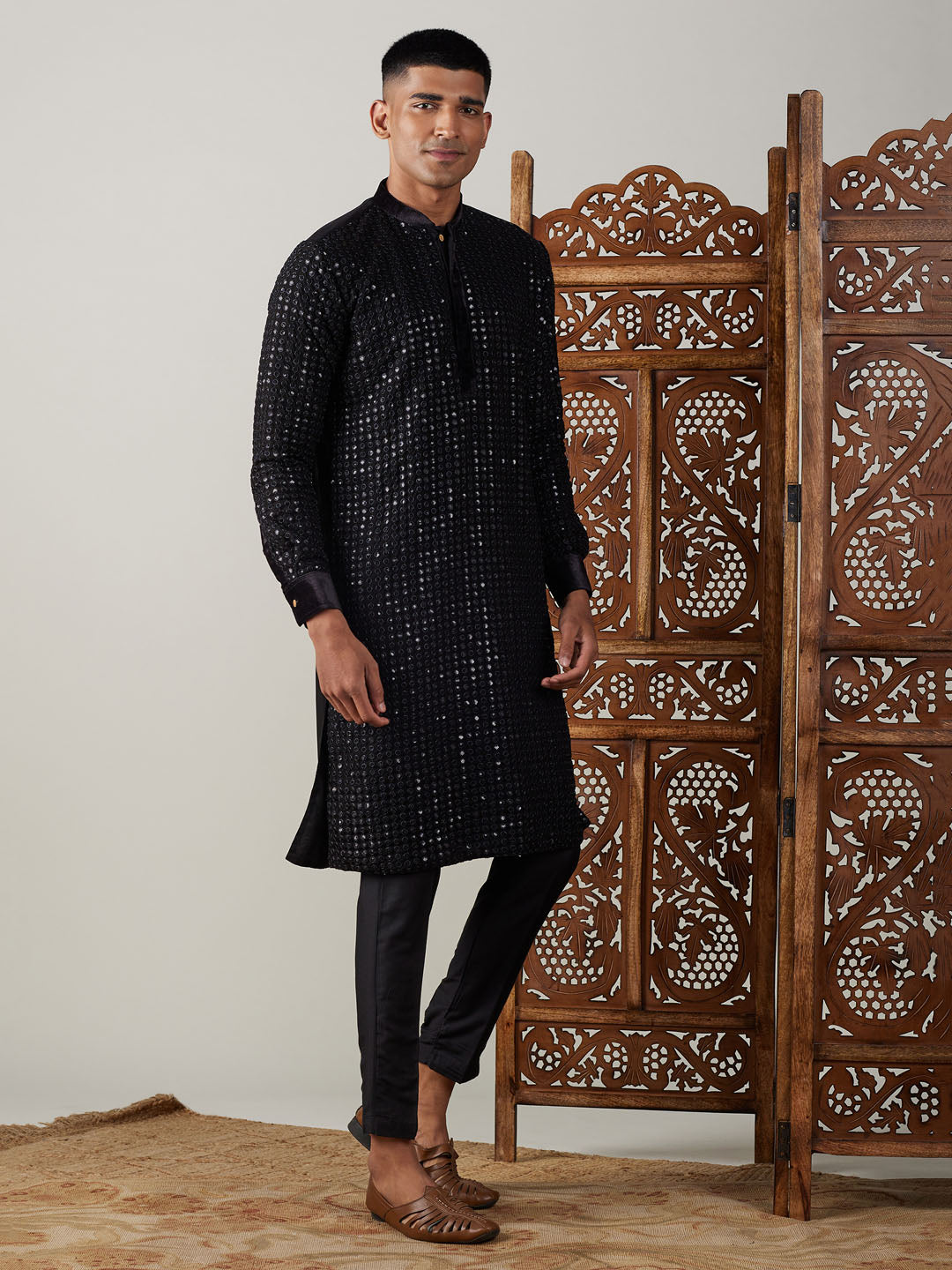 Men's Black Georgette Kurta Pyjama Set