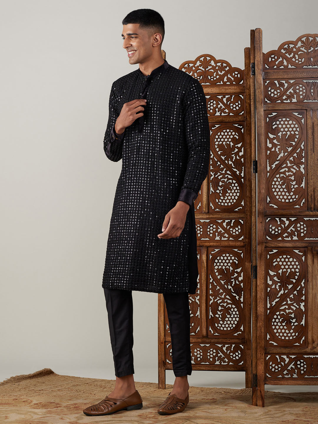 Men's Black Georgette Kurta Pyjama Set