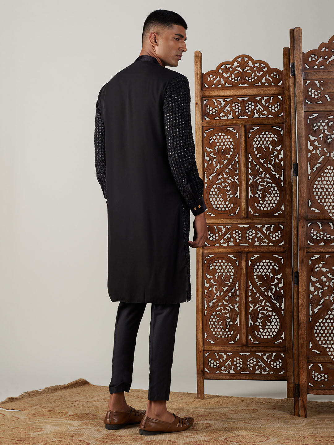 Men's Black Georgette Kurta Pyjama Set