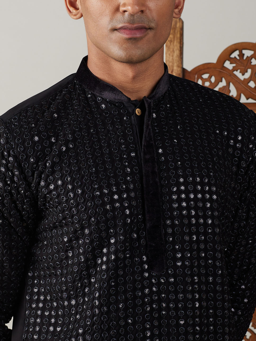 Men's Black Georgette Kurta Pyjama Set