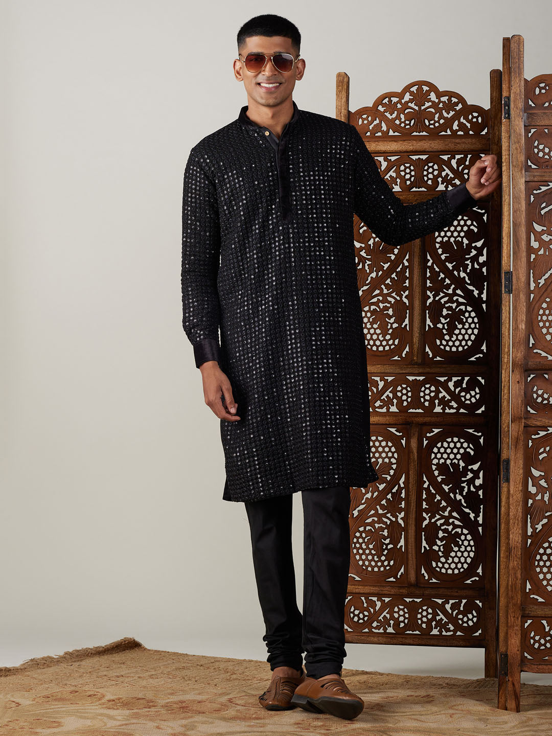 Men's Black Georgette Kurta Pyjama Set