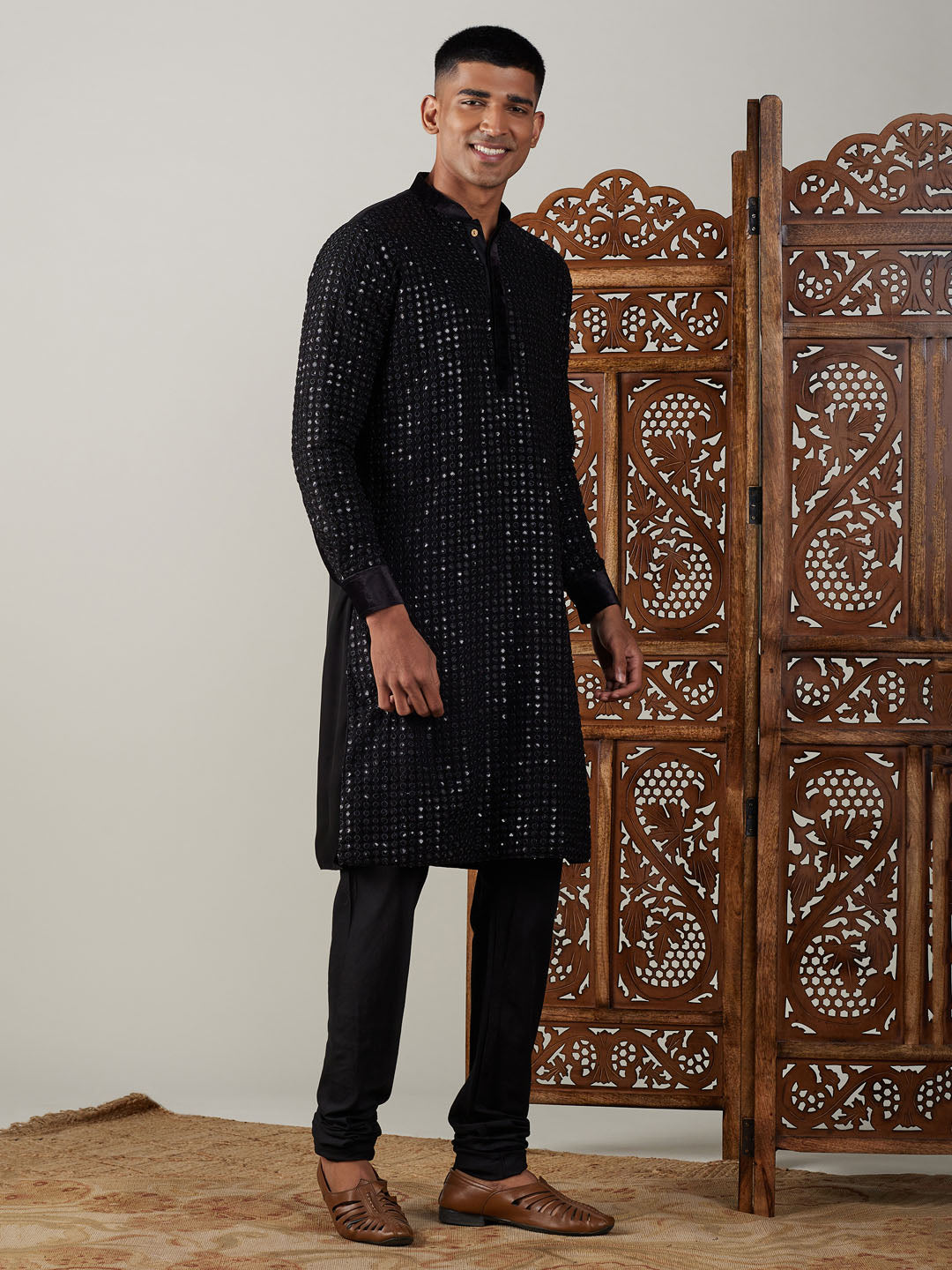 Men's Black Georgette Kurta Pyjama Set