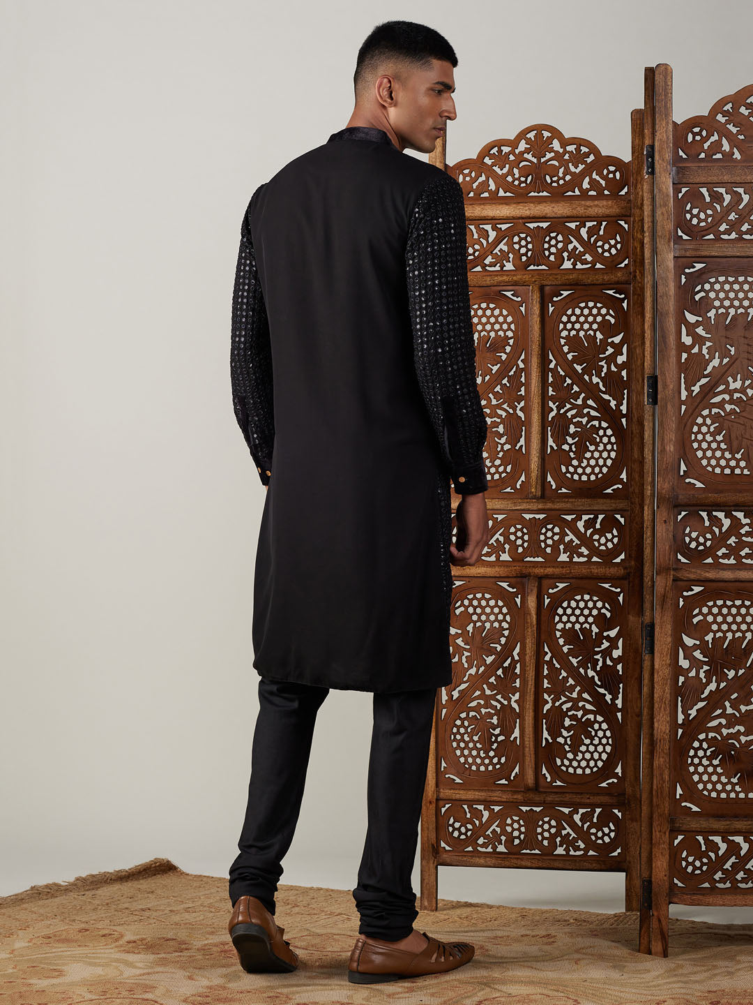 Men's Black Georgette Kurta Pyjama Set