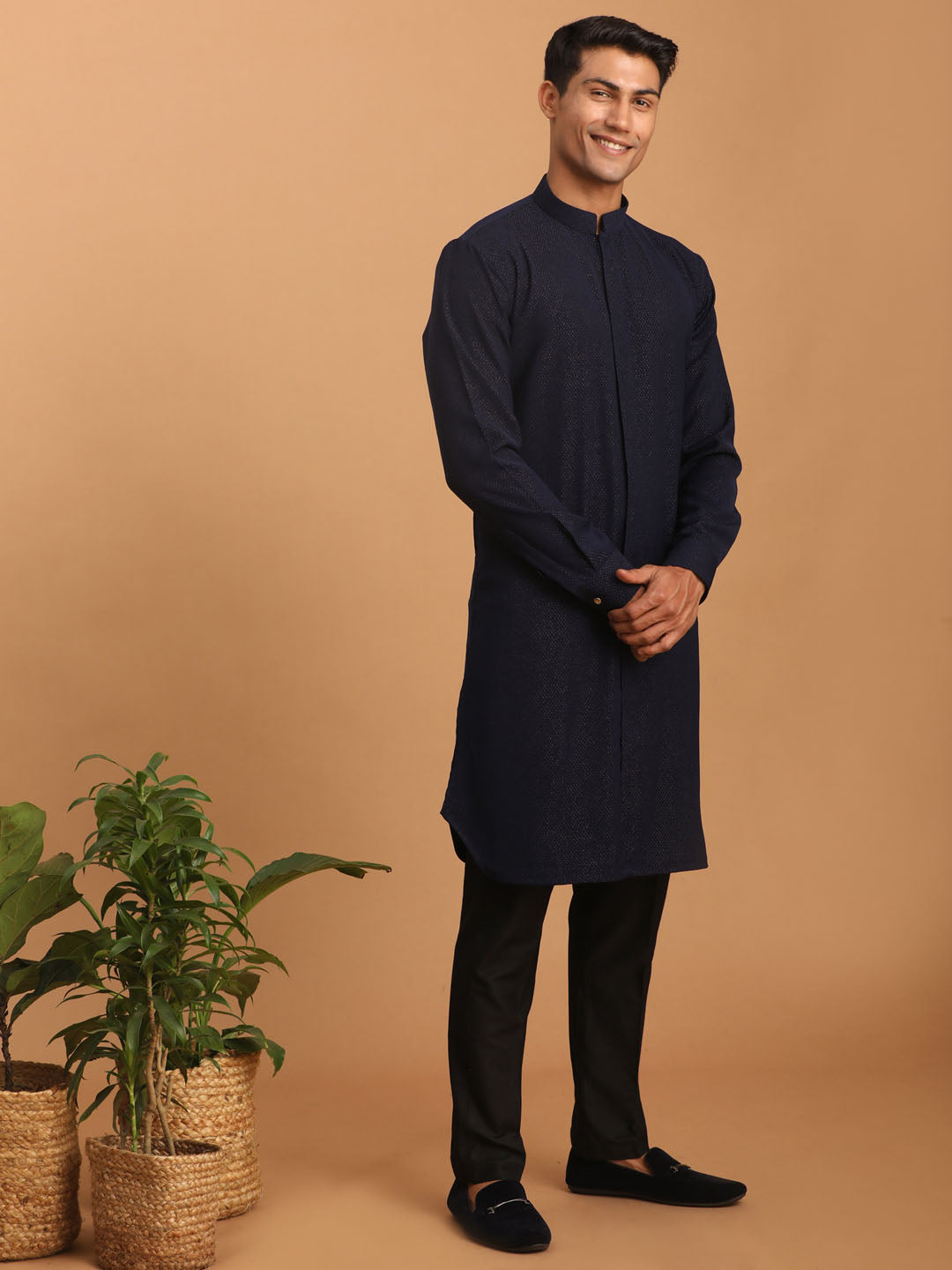 Men's Navy Blue Cotton Blend Kurta Pyjama Set