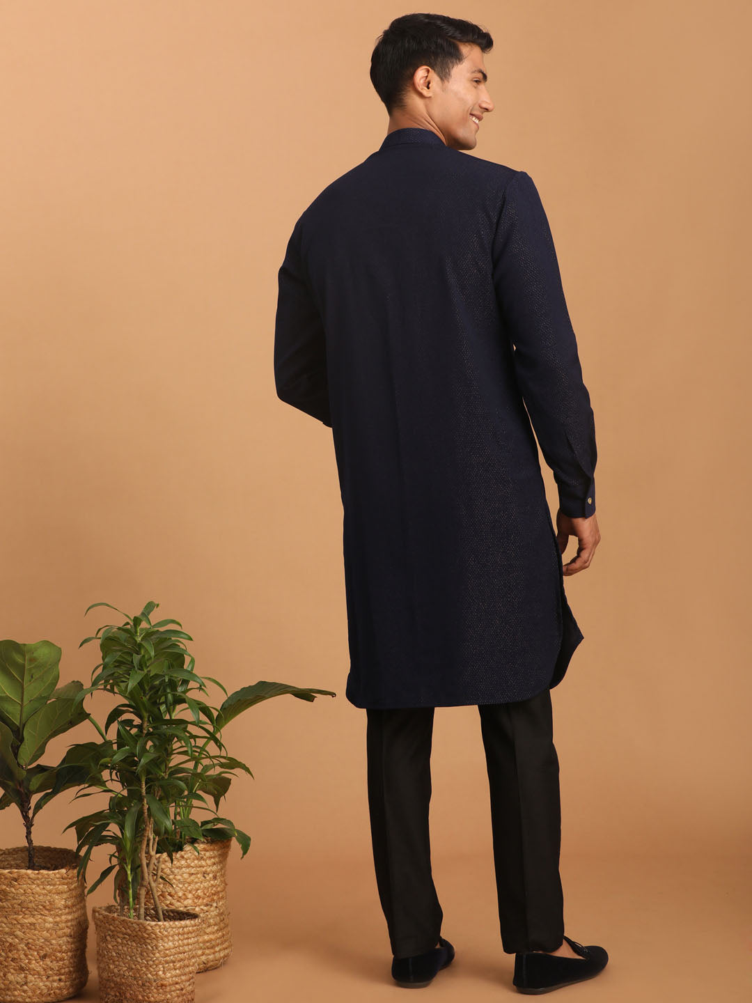 Men's Navy Blue Cotton Blend Kurta Pyjama Set