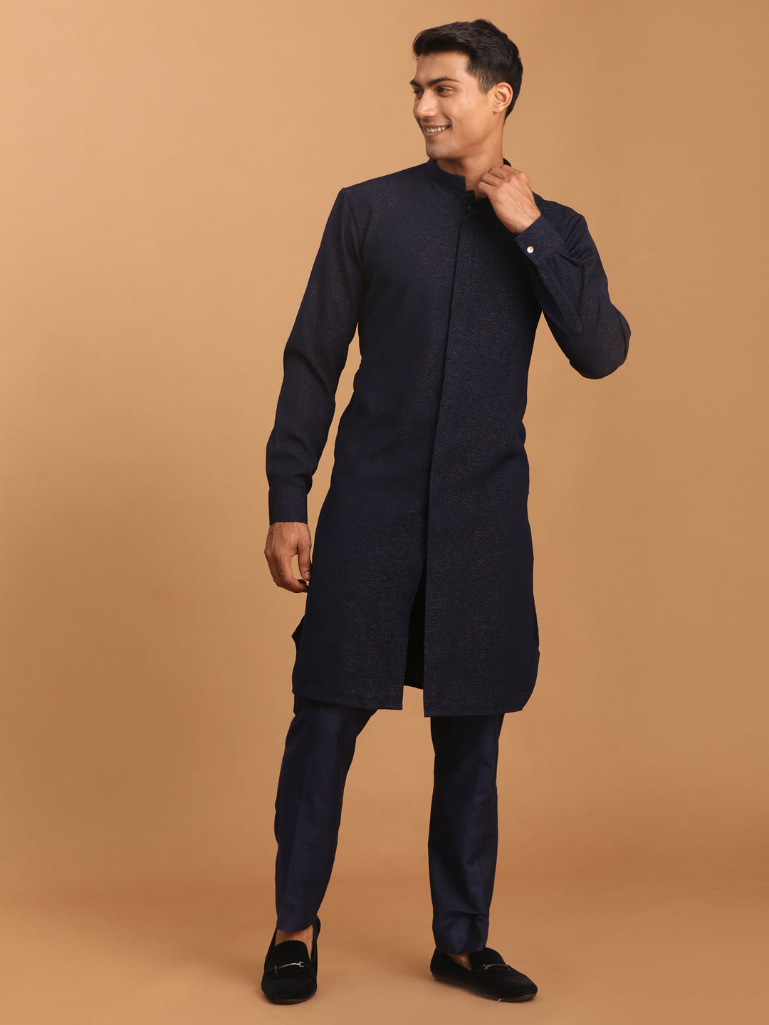 Men's Navy Blue Cotton Blend Kurta Pyjama Set