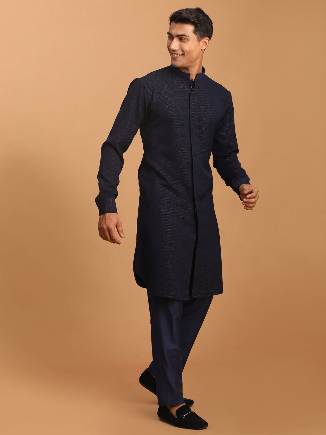 Men's Navy Blue Cotton Blend Kurta Pyjama Set