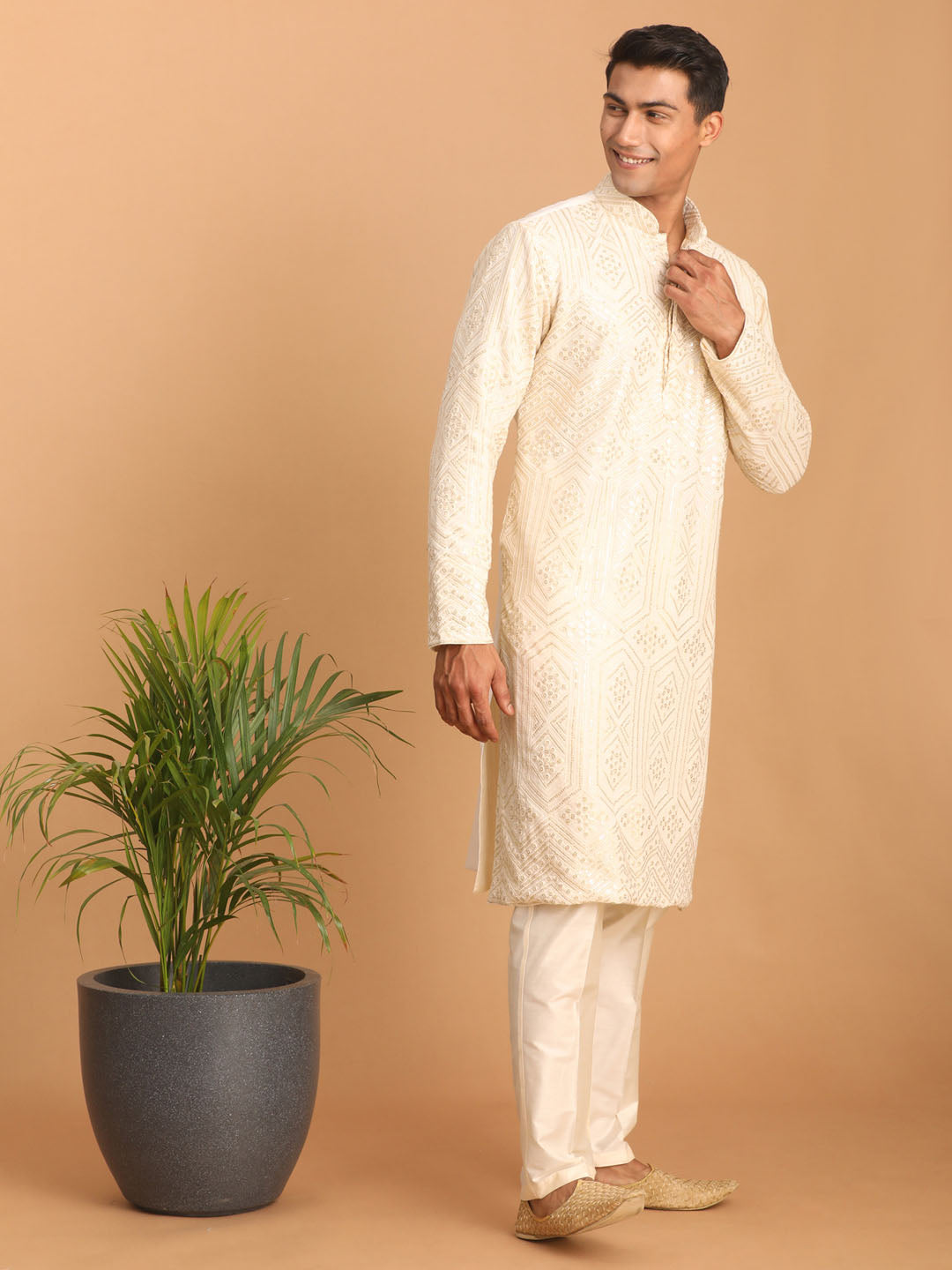 Men's Cream Cotton Blend Kurta Pyjama Set