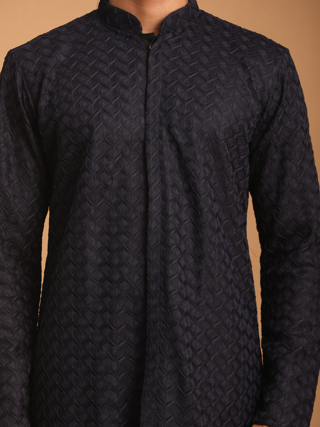 Men's Navy Blue And Black Silk Blend Kurta Pyjama Set