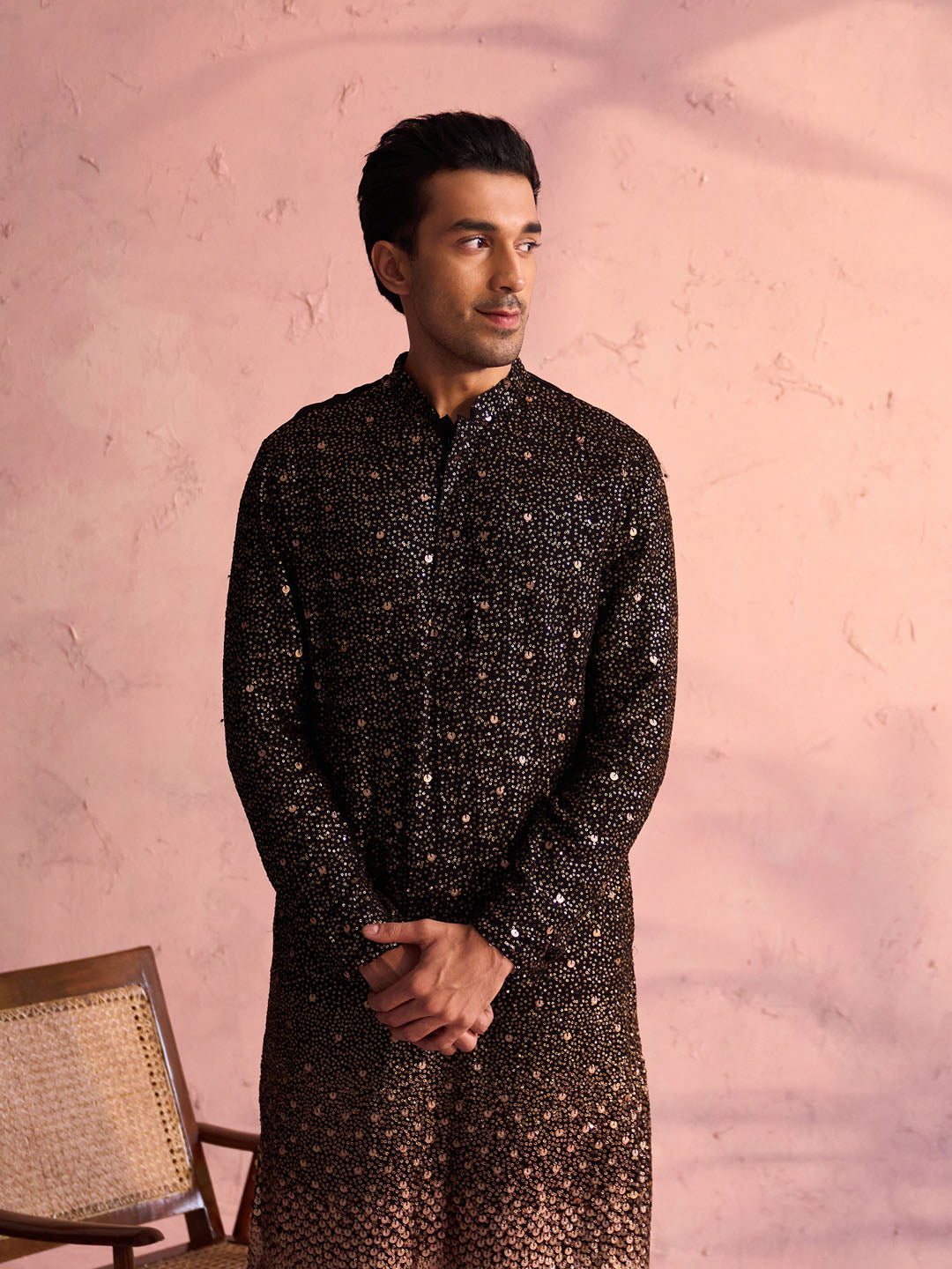 Men's Black Georgette Kurta Pyjama Set