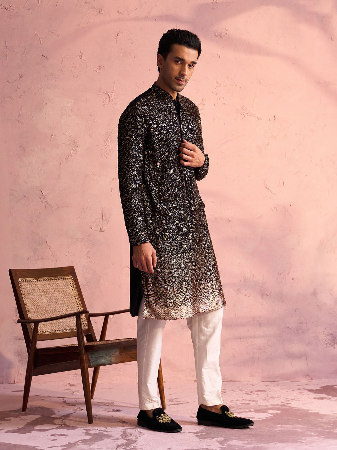 Men's Black And Cream Georgette Kurta Pyjama Set