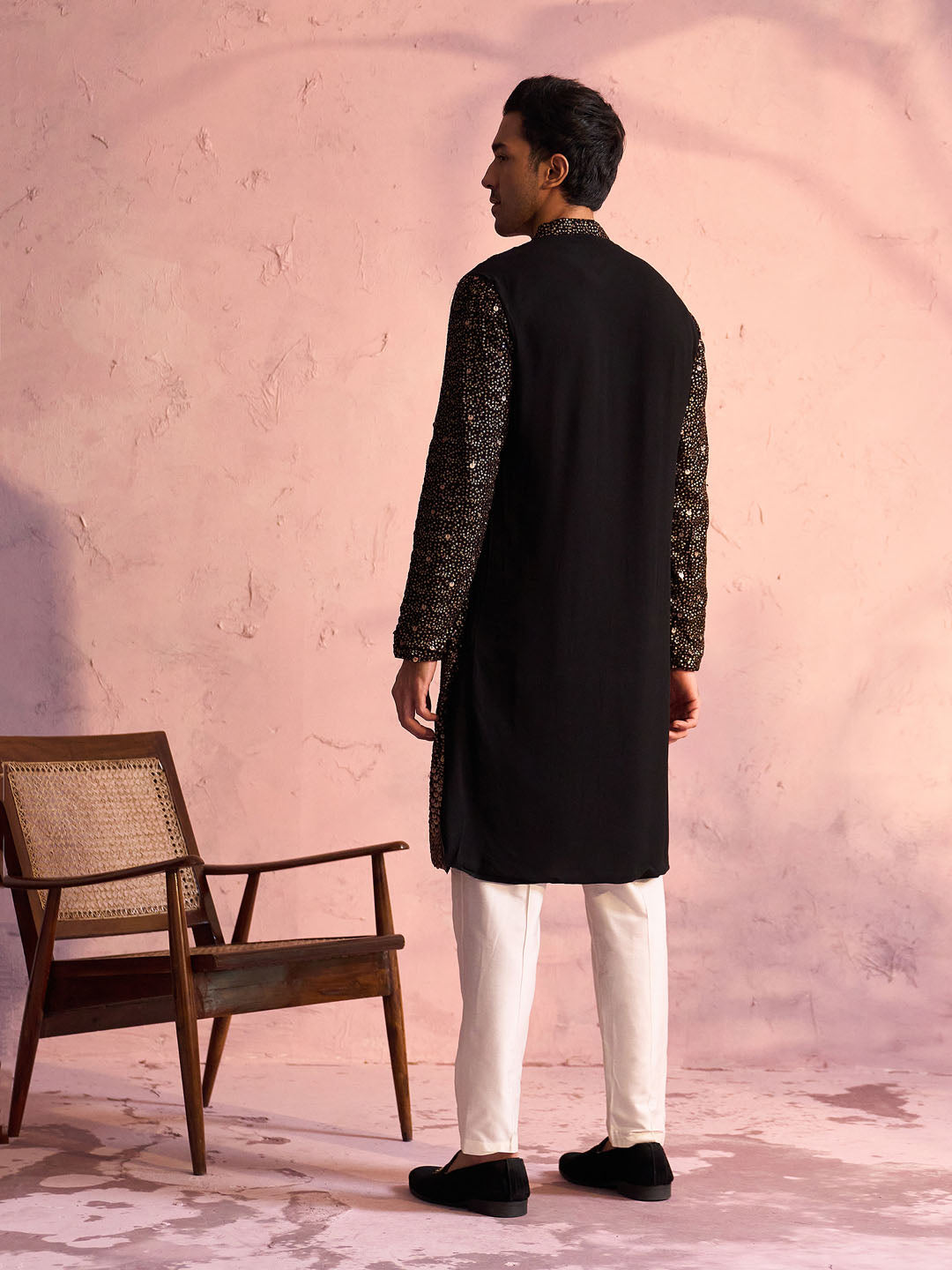 Men's Black And Cream Georgette Kurta Pyjama Set