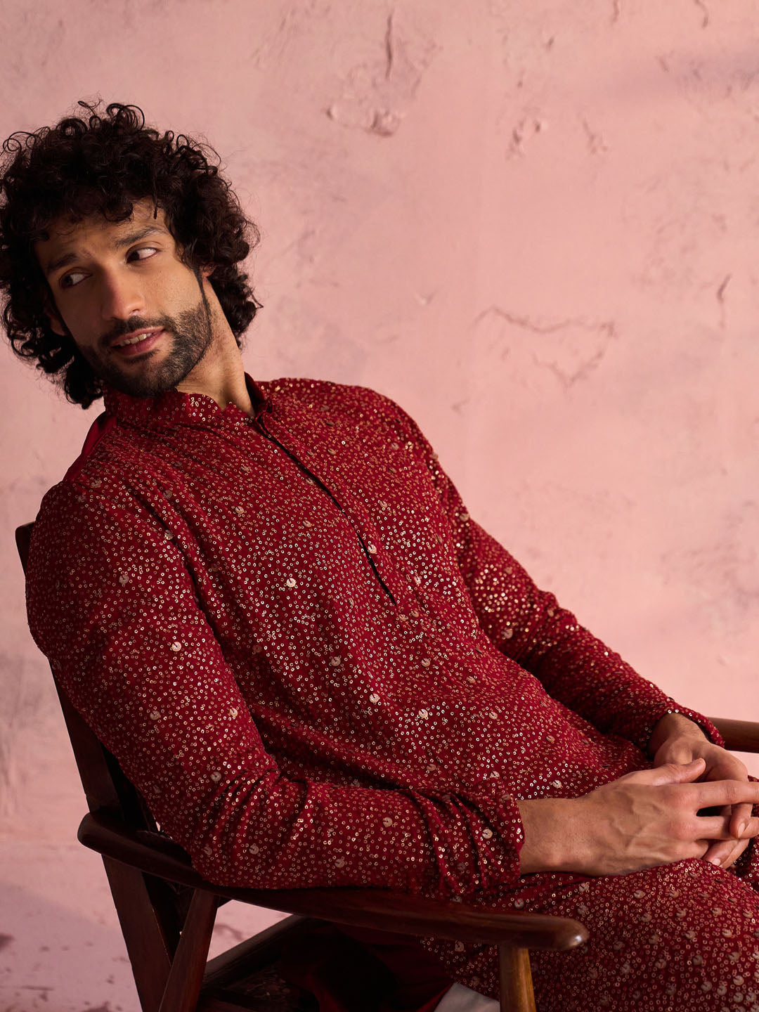 Men's Maroon And Cream Georgette Kurta Pyjama Set