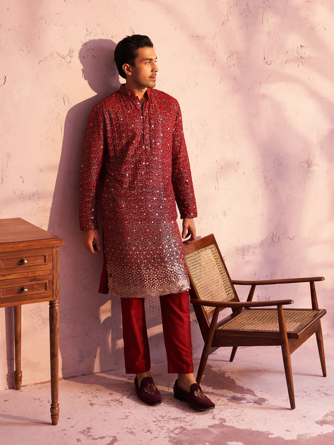 Men's Maroon Georgette Kurta Pyjama Set