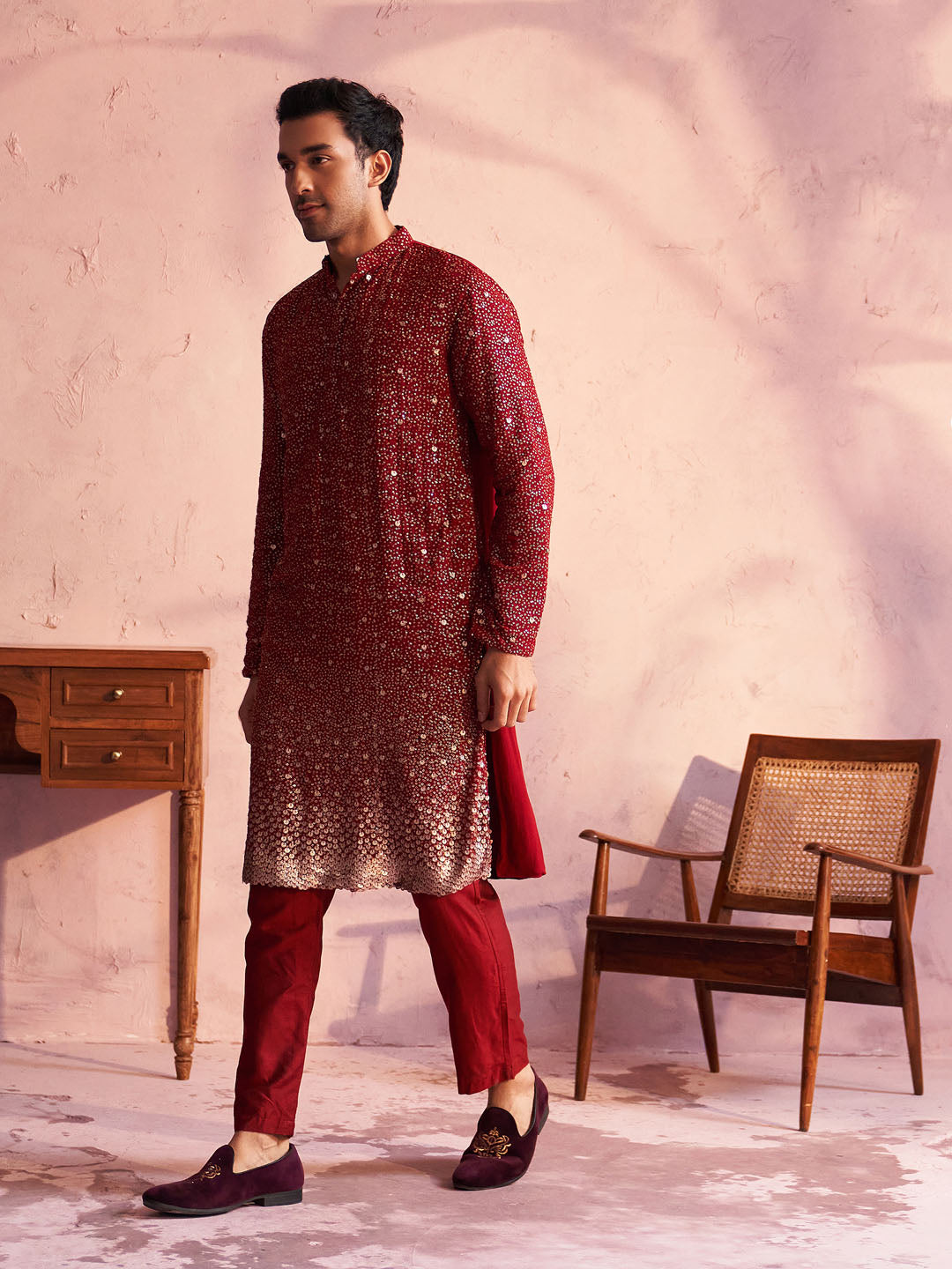 Men's Maroon Georgette Kurta Pyjama Set