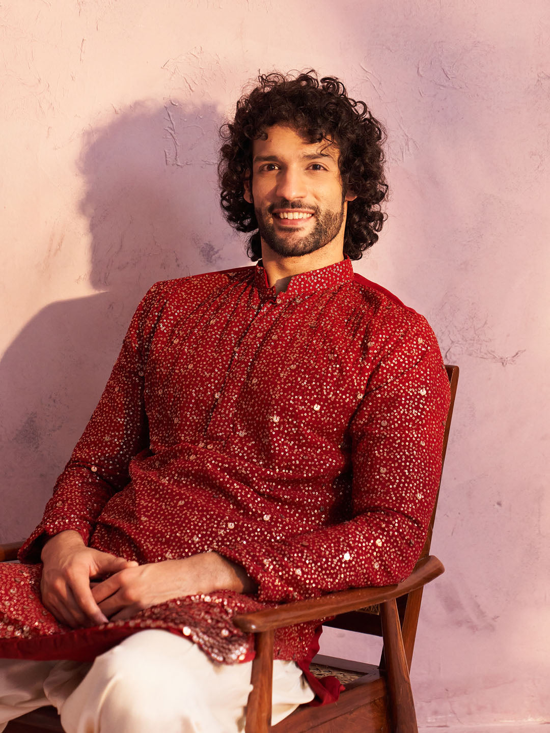 Men's Maroon And Cream Georgette Kurta and Patiala Set