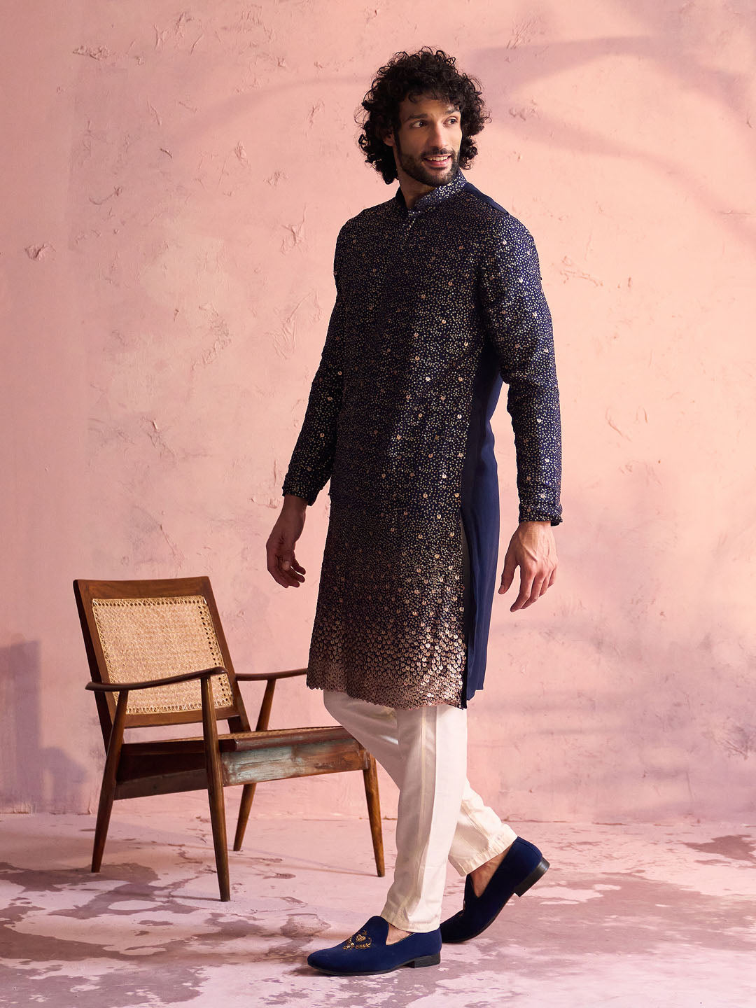 Men's Navy blue And Cream Georgette Kurta Pyjama Set