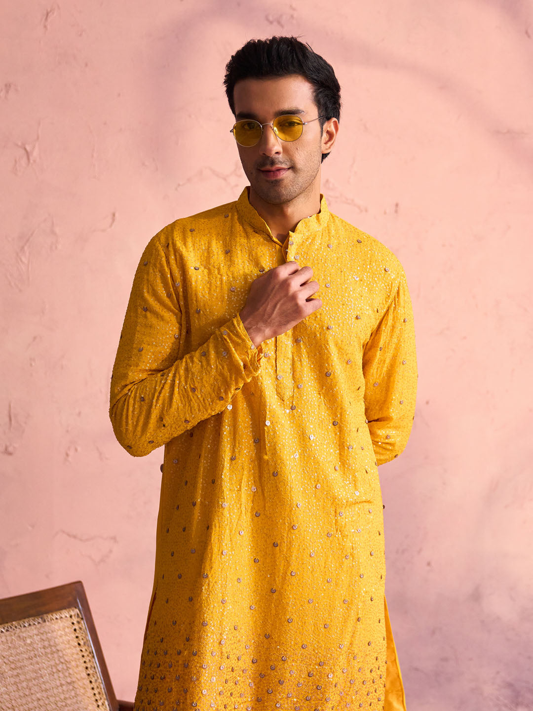 Men's Yellow And Cream Georgette Kurta Pyjama Set