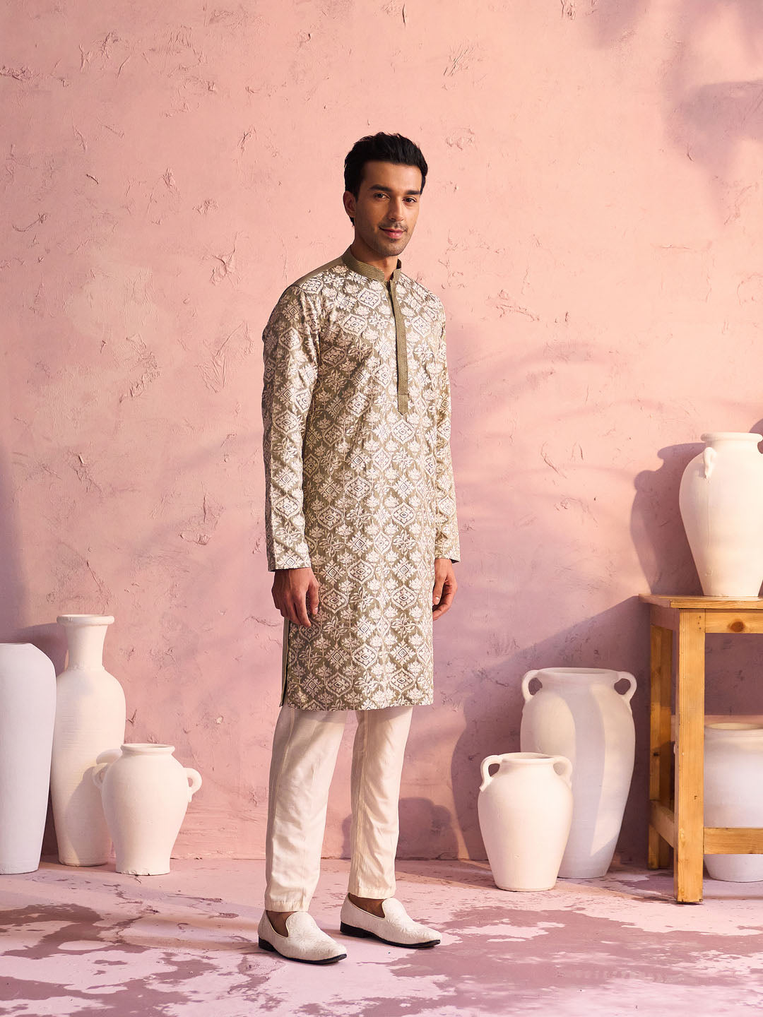 Men's Green Silk Blend Kurta Pyjama Set