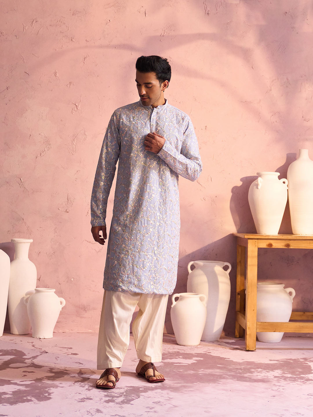 Men's Pastel Blue And Cream Georgette Kurta and Patiala Set