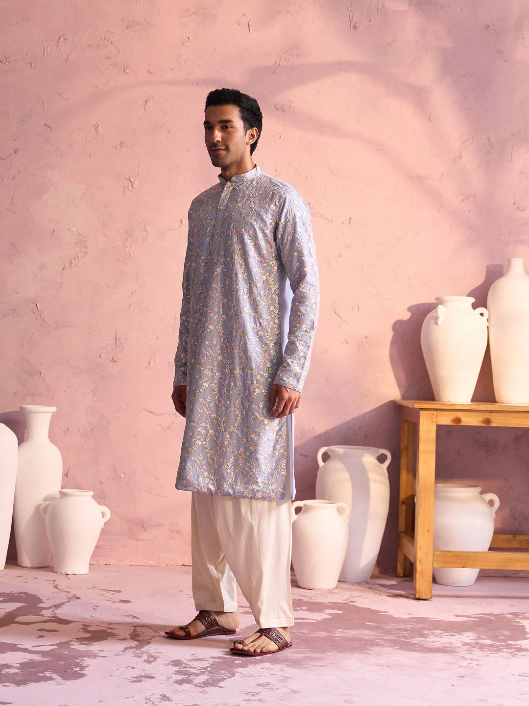 Men's Pastel Blue And Cream Georgette Kurta and Patiala Set