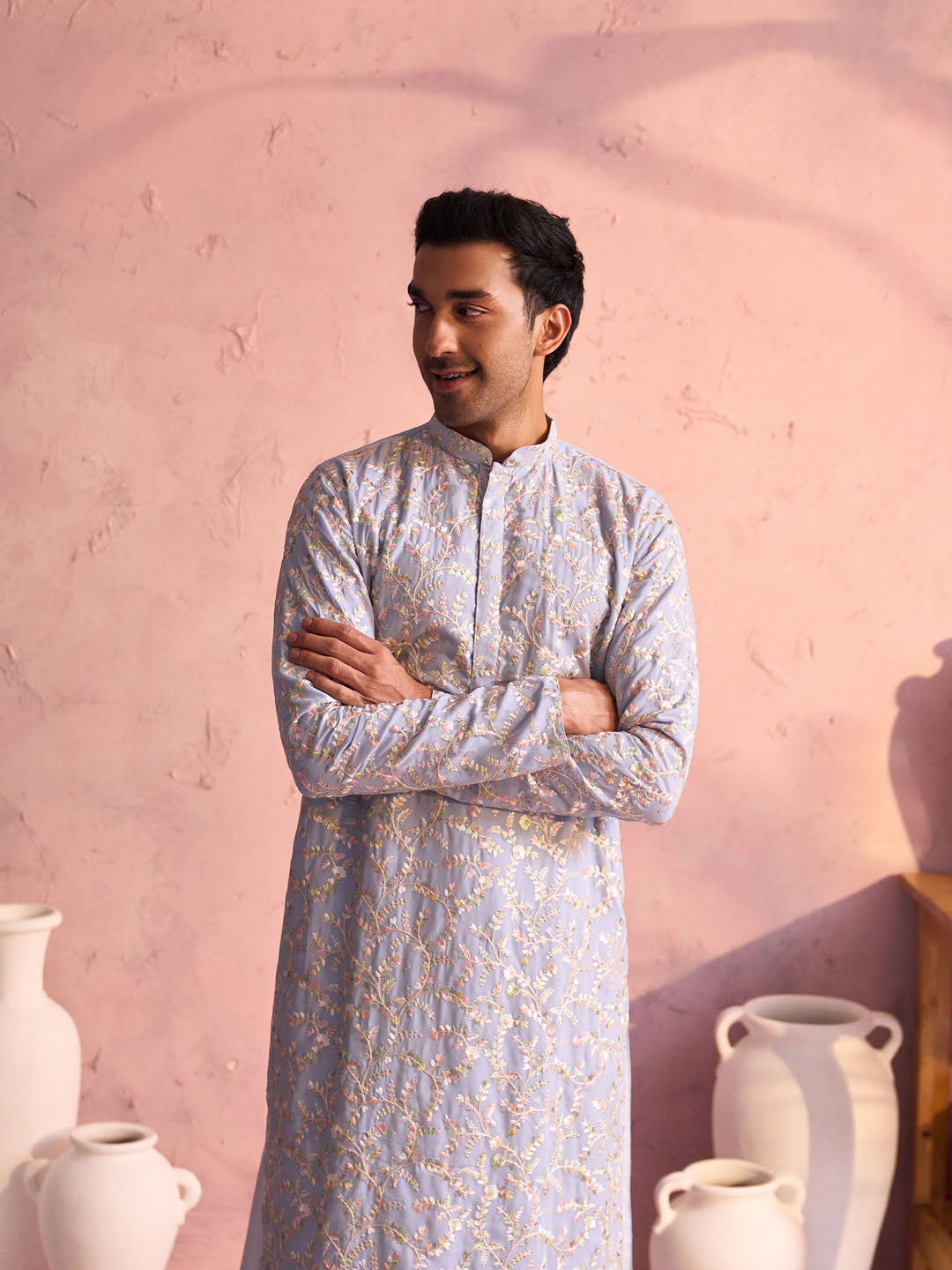 Men's Pastel Blue And Cream Georgette Kurta and Patiala Set