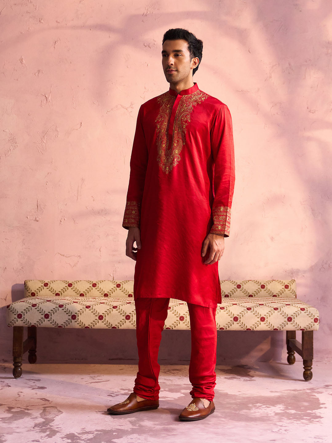 Men's Red And Cream Moonga Silk Kurta Pyjama Set