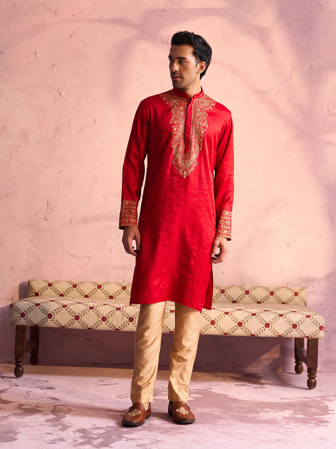 Men's Red And Rose Gold Moonga Silk Kurta Pyjama Set