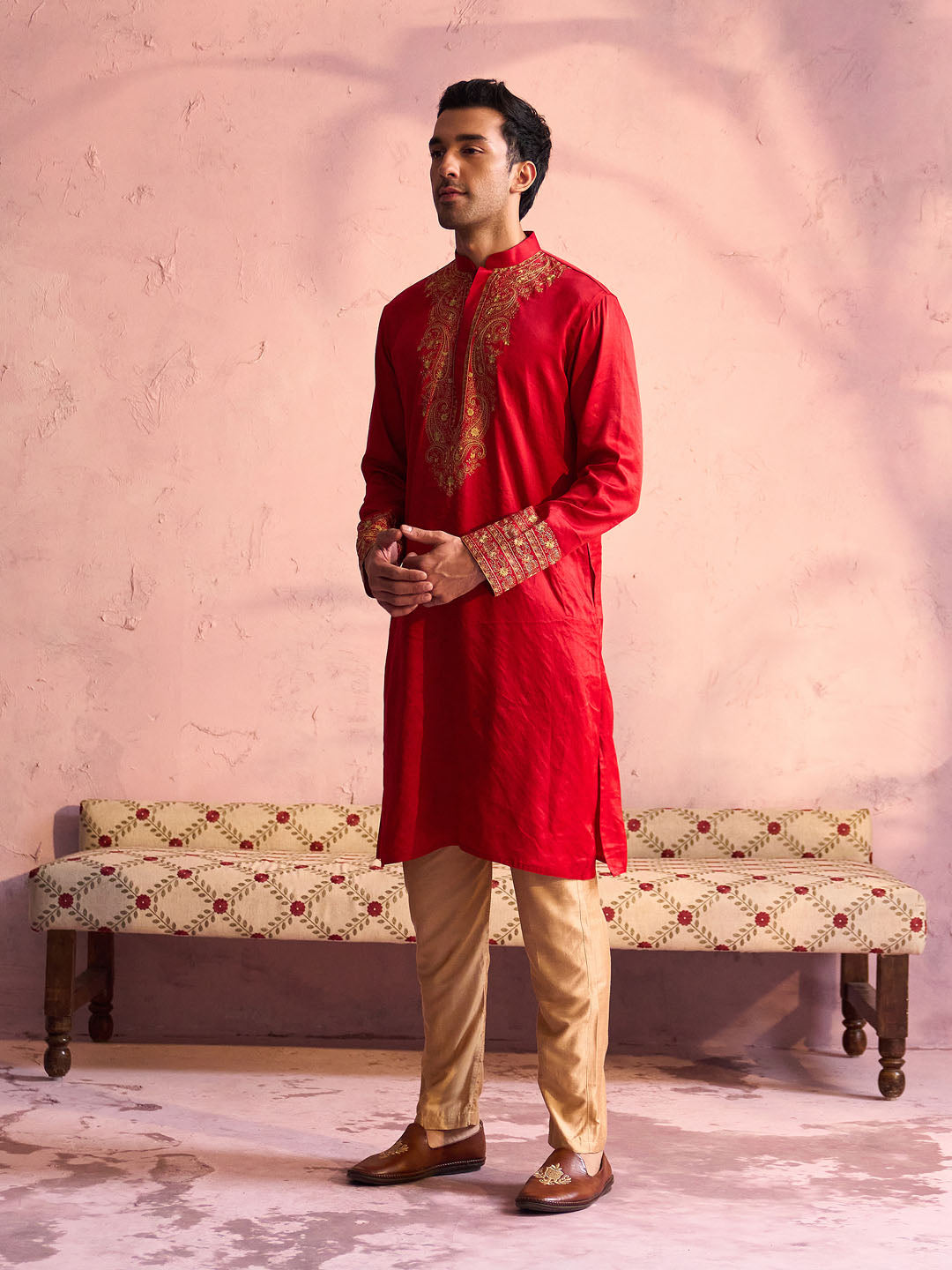 Men's Red And Rose Gold Moonga Silk Kurta Pyjama Set