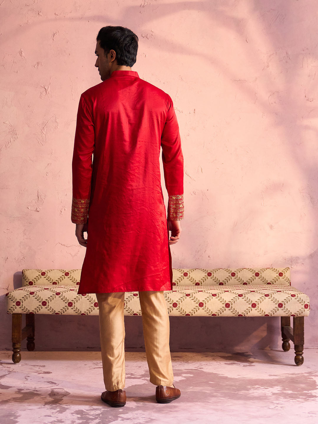 Men's Red And Rose Gold Moonga Silk Kurta Pyjama Set