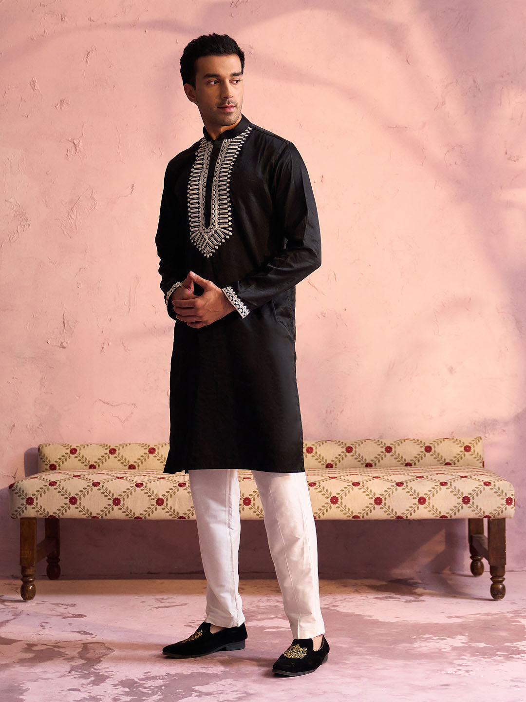 Men's Black And Cream Moonga Silk Kurta Pyjama Set