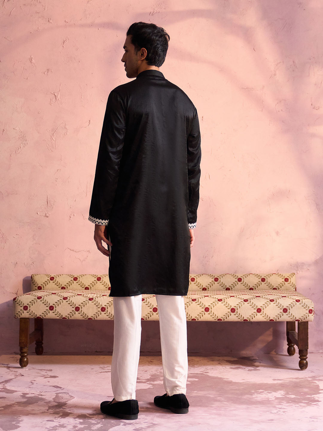 Men's Black And Cream Moonga Silk Kurta Pyjama Set