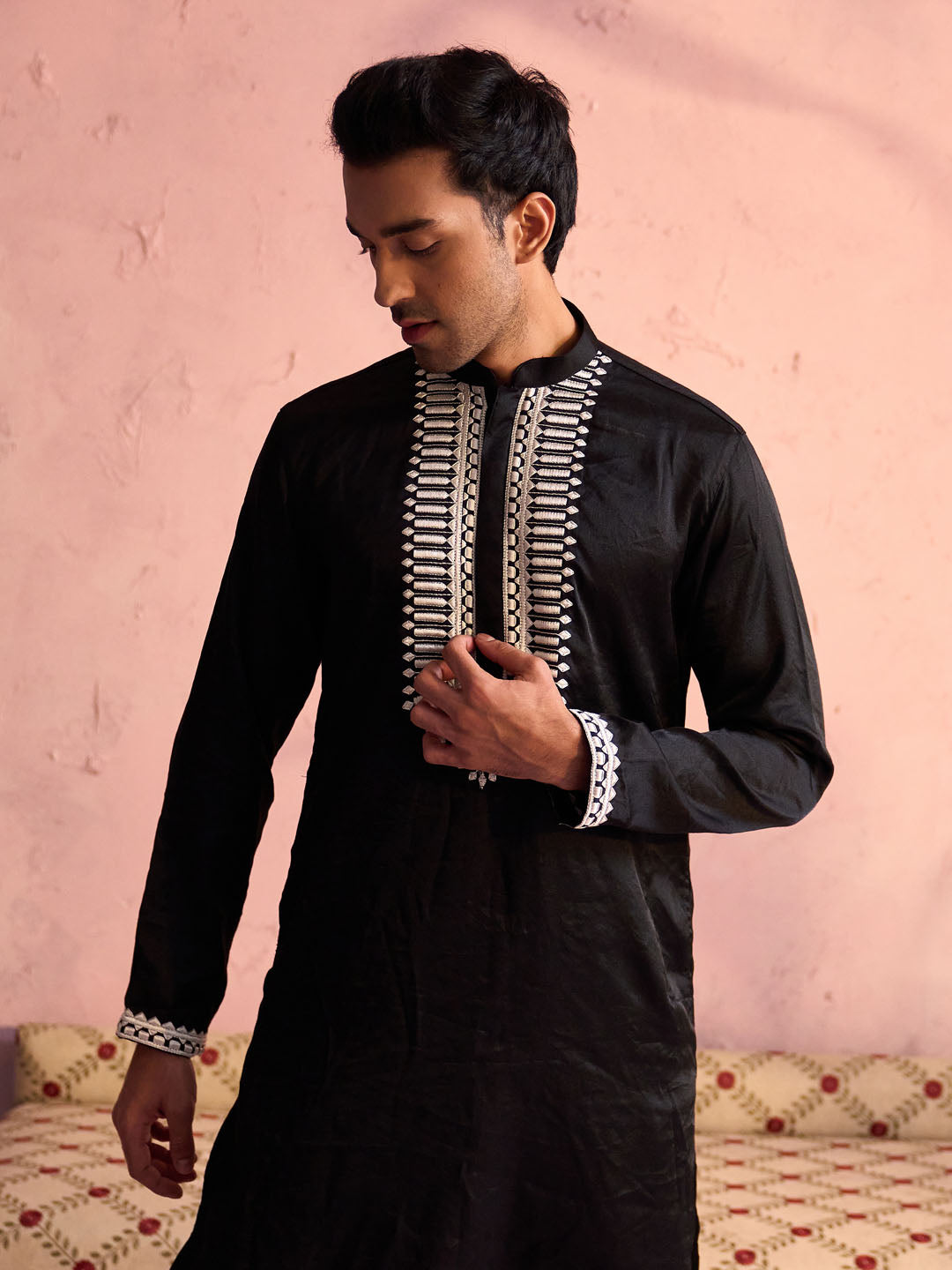 Men's Black And Cream Moonga Silk Kurta Pyjama Set